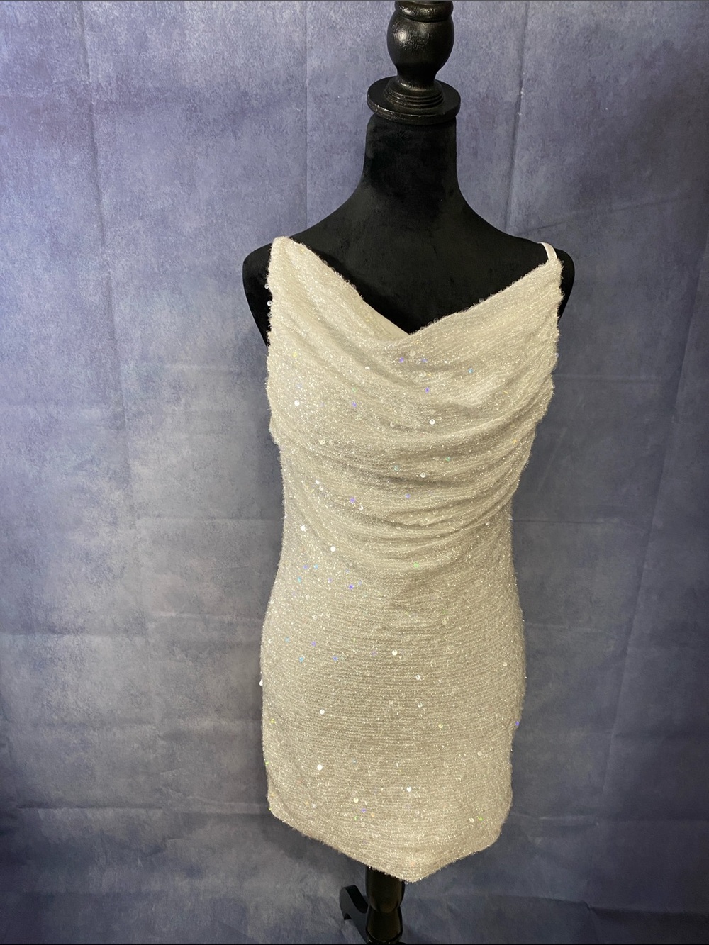 Ivory Sequin Cowl Neck Mini Dress